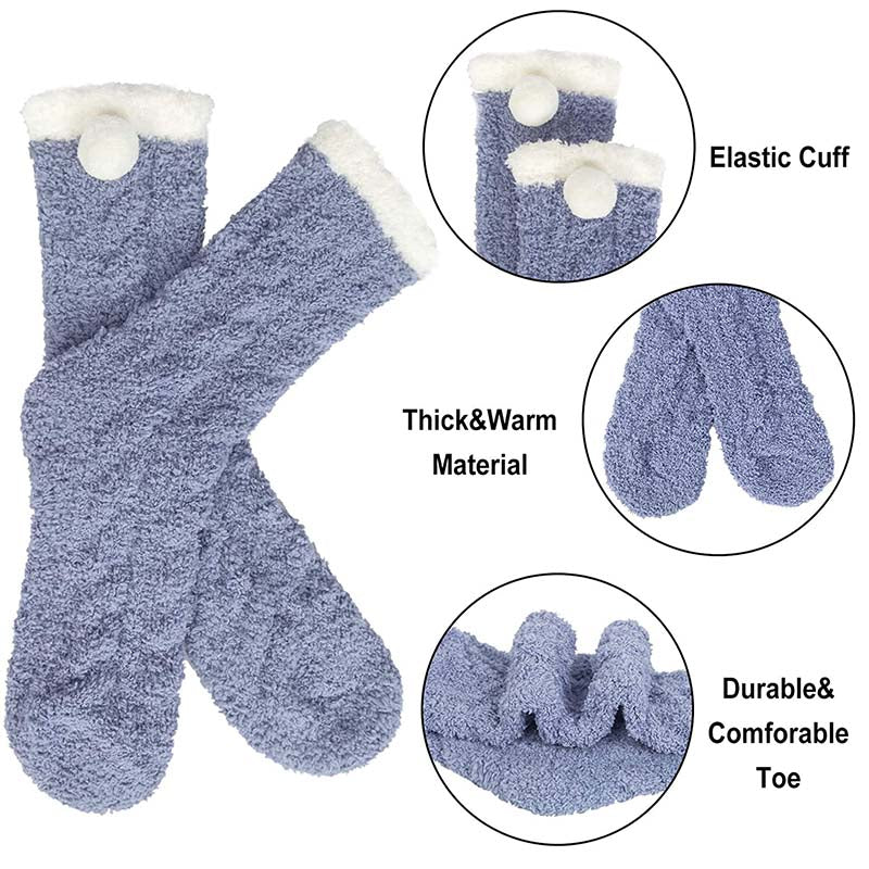 Womens Winter Socks White Border Pompom Warm Fuzzy Cozy Soft Slipper Socks Gifts Set