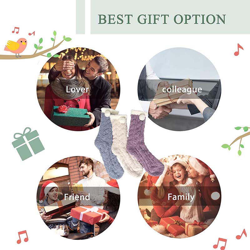 Womens Winter Socks White Border Pompom Warm Fuzzy Cozy Soft Slipper Socks Gifts Set