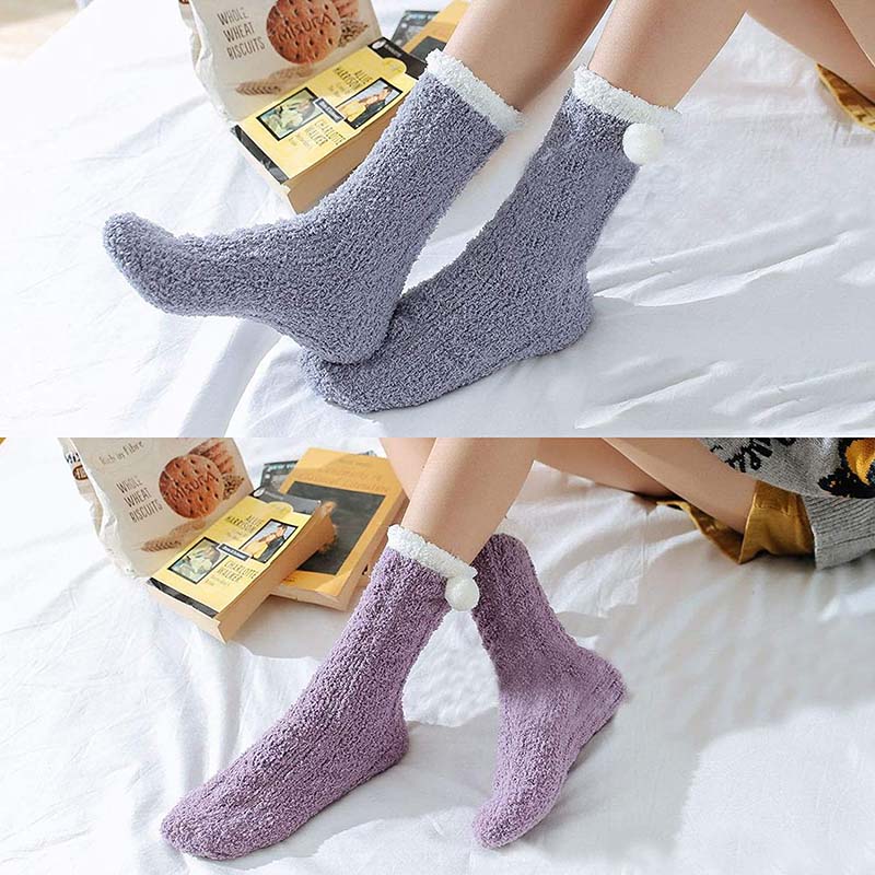 Womens Winter Socks White Border Pompom Warm Fuzzy Cozy Soft Slipper Socks Gifts Set