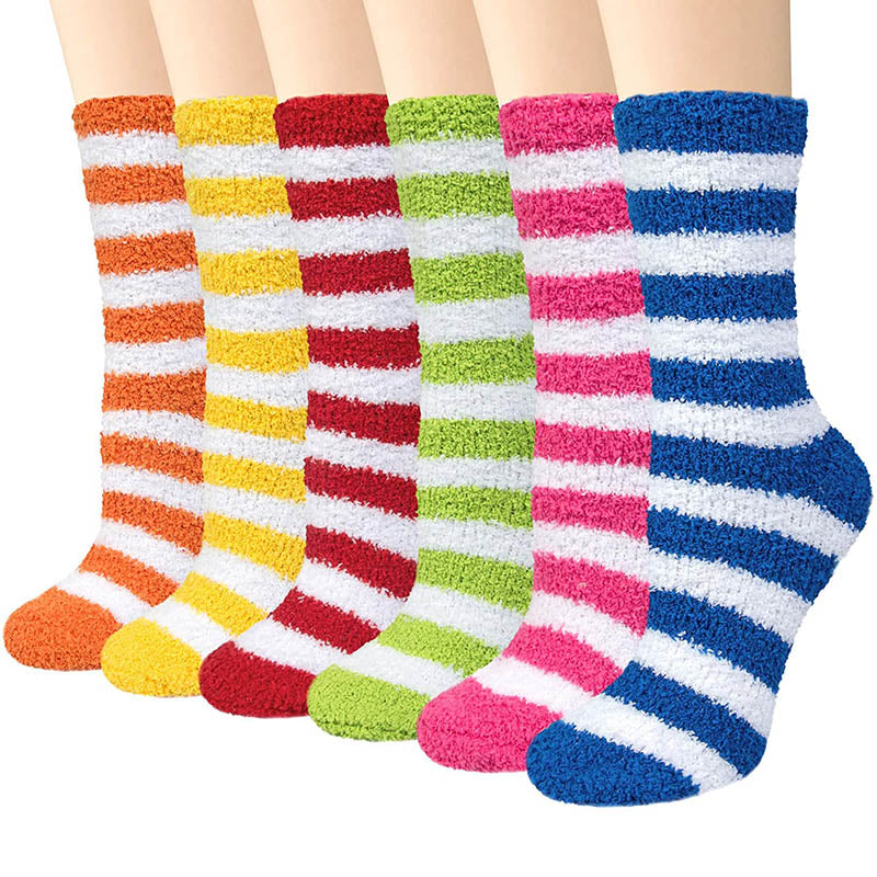 Womens Fuzzy Christmas Socks Winter Soft Socks Gifts Rainbow Stripes 6 Pairs