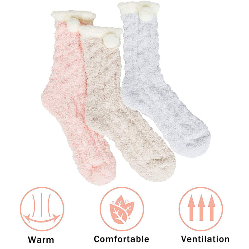 Womens Winter Socks White Border Pompom Warm Fuzzy Cozy Soft Slipper Socks Gifts Set