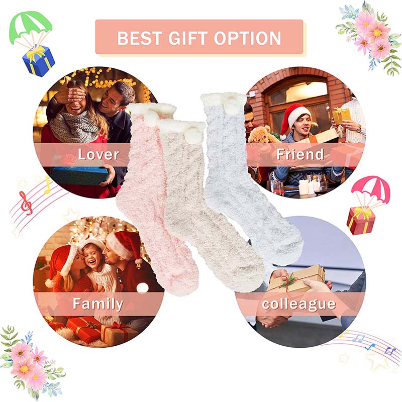 Womens Winter Socks White Border Pompom Warm Fuzzy Cozy Soft Slipper Socks Gifts Set