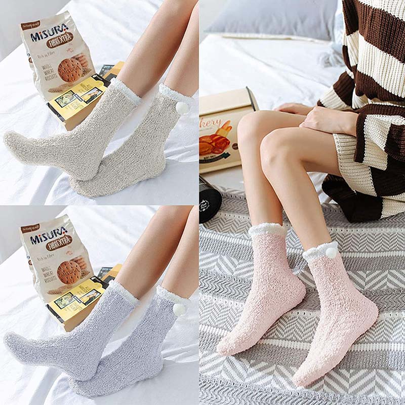 Womens Winter Socks White Border Pompom Warm Fuzzy Cozy Soft Slipper Socks Gifts Set