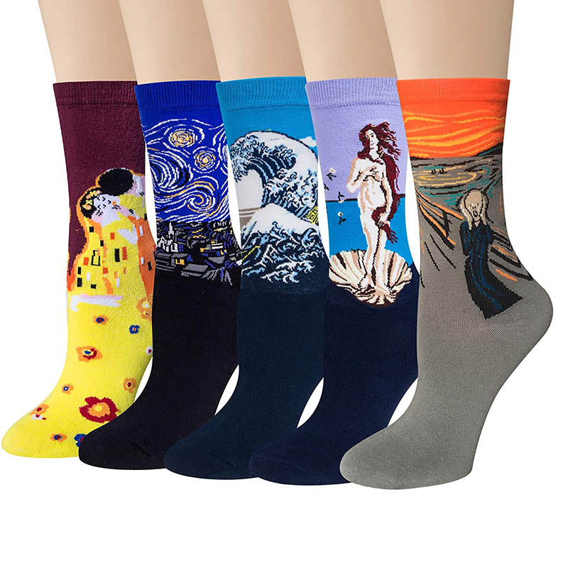 Womens Fun Socks Famous Painting Pattern Art Socks Novel Fun Cotton Socks Set 5 Pairs