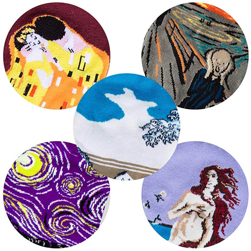 Womens Fun Socks Famous Painting Pattern Art Socks Novel Fun Cotton Socks Set 5 Pairs