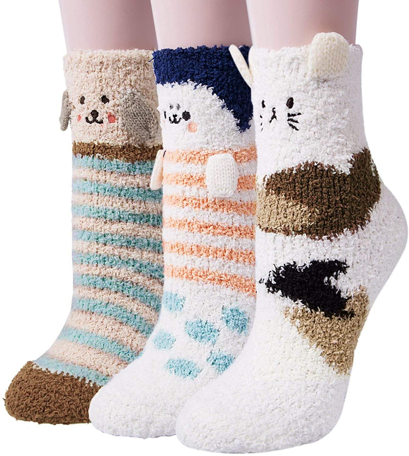 Womens Fuzzy Wool Socks Winter Warm Cute Animals Socks Set 3 Pairs - CHALIER