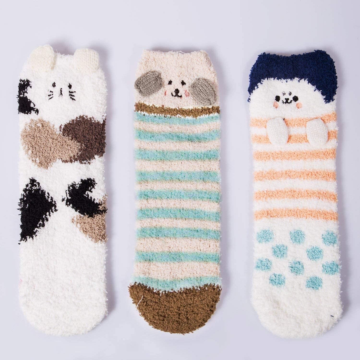 Womens Fuzzy Wool Socks Winter Warm Cute Animals Socks Set 3 Pairs - CHALIER