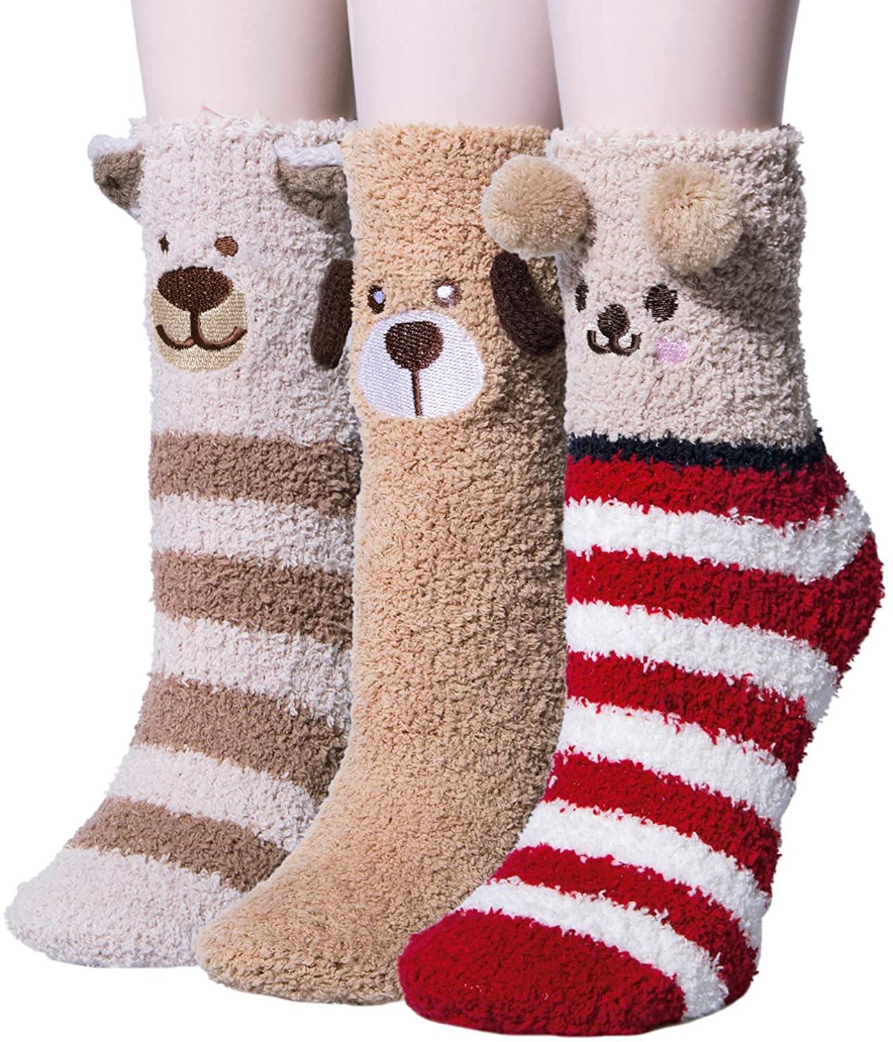 Womens Fuzzy Wool Socks Winter Warm Cute Animals Socks Set 3 Pairs Red - CHALIER
