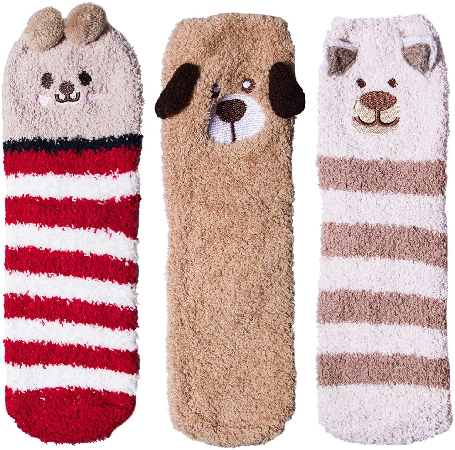 Womens Fuzzy Wool Socks Winter Warm Cute Animals Socks Set 3 Pairs Red - CHALIER