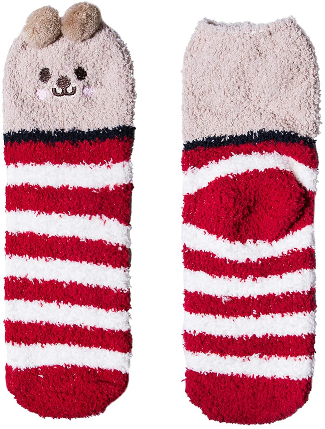 Womens Fuzzy Wool Socks Winter Warm Cute Animals Socks Set 3 Pairs Red - CHALIER