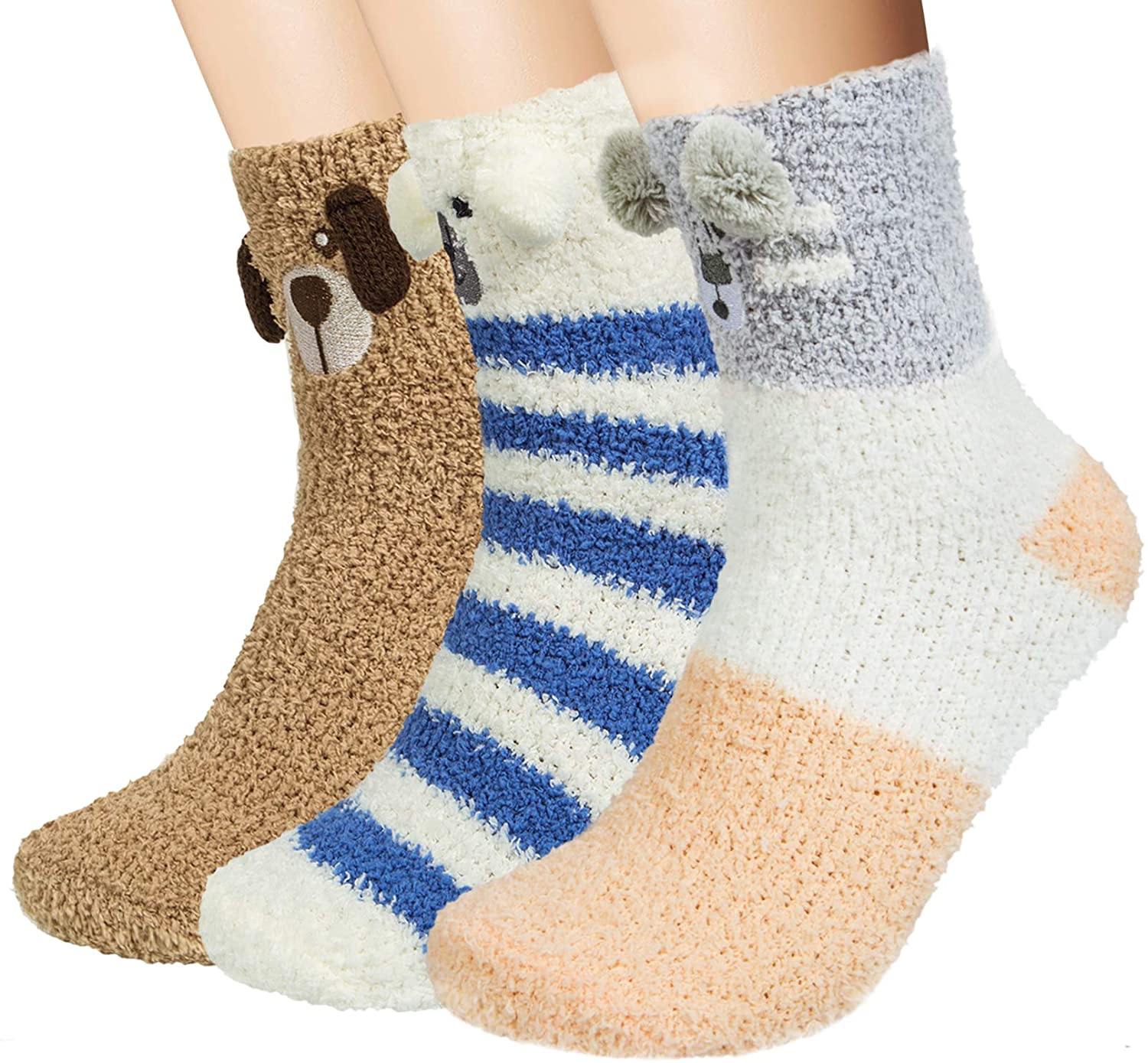 Womens Fuzzy Wool Socks Winter Warm Cute Animals Socks Set 3 Pairs Blue - CHALIER