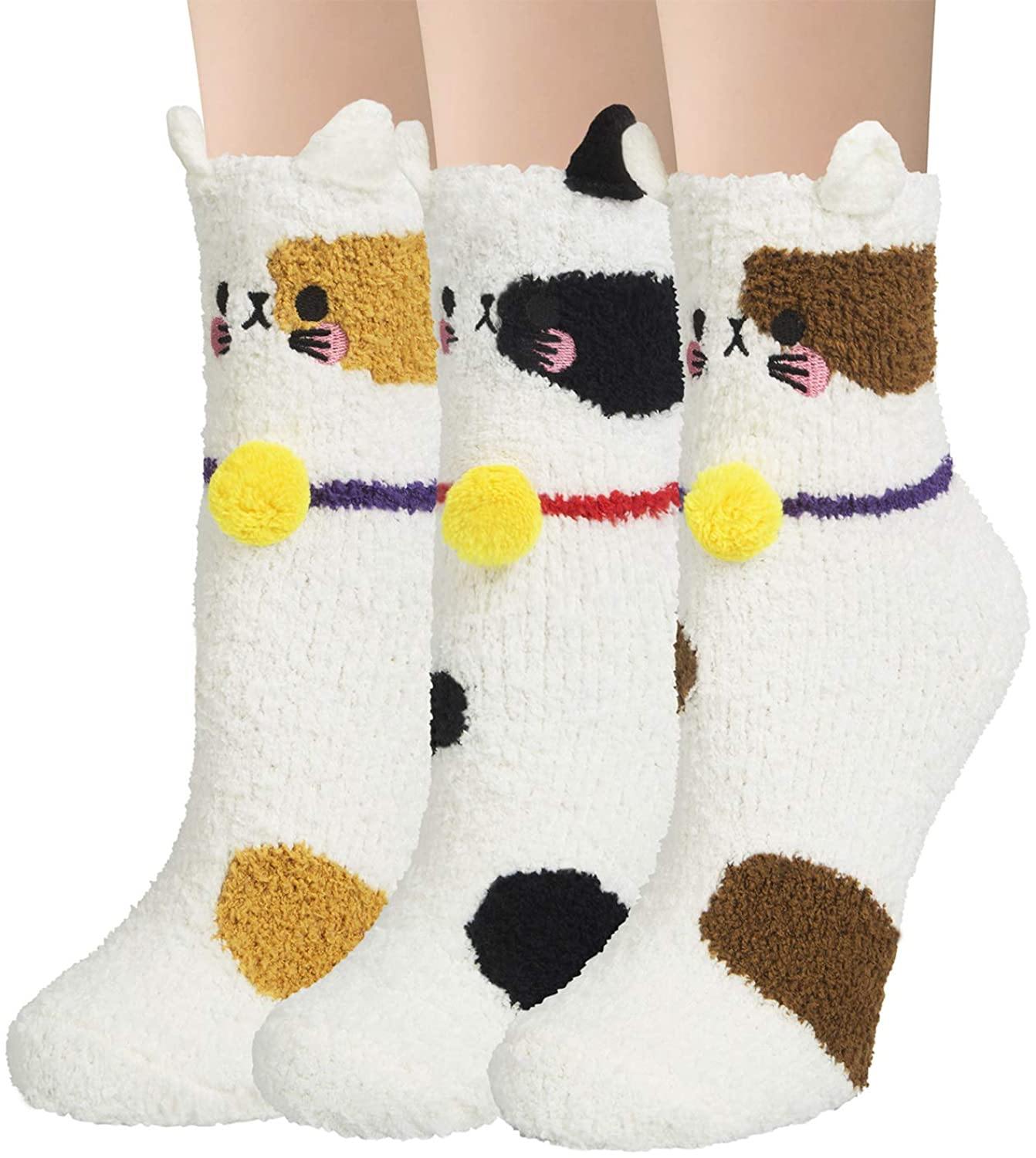 Womens Fuzzy Wool Socks Winter Warm Cute Animals Kitty Socks Set 3 Pairs - CHALIER