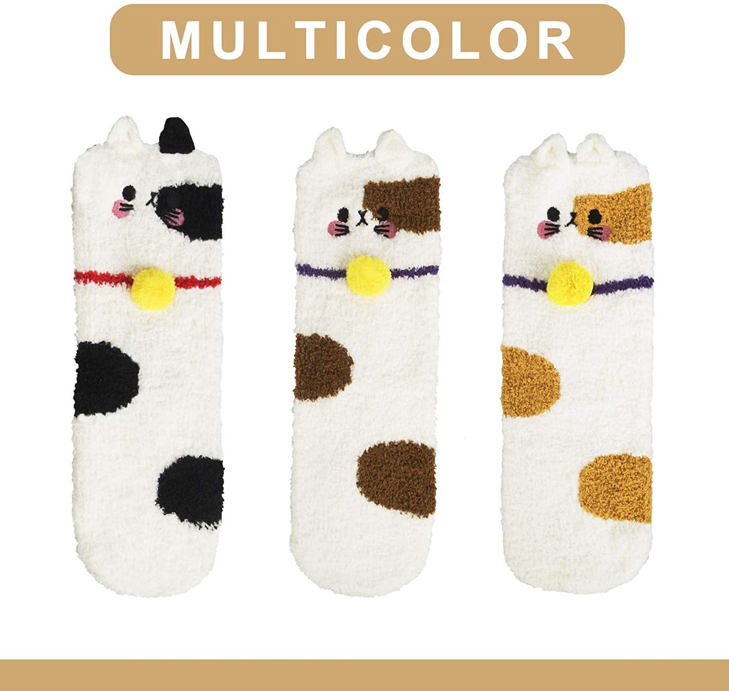 Womens Fuzzy Wool Socks Winter Warm Cute Animals Kitty Socks Set 3 Pairs - CHALIER