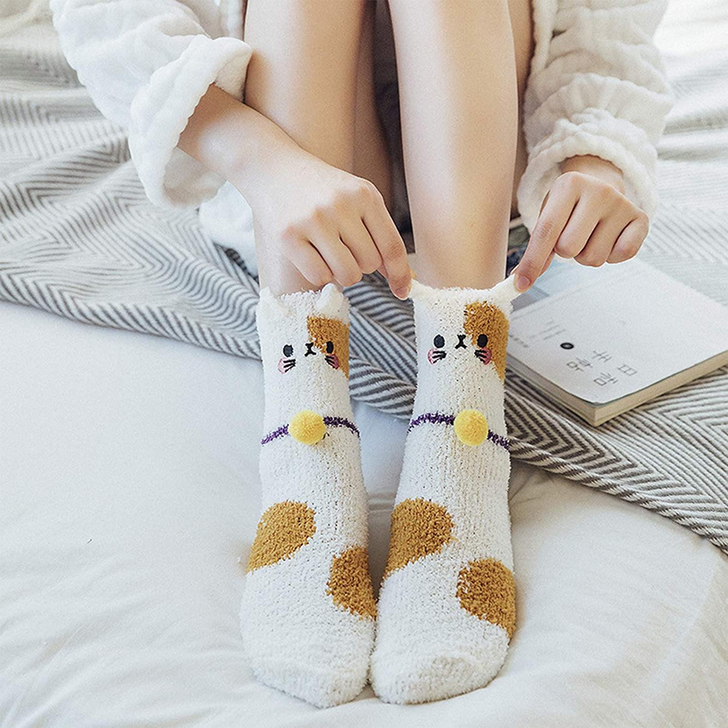 Womens Fuzzy Wool Socks Winter Warm Cute Animals Kitty Socks Set 3 Pairs - CHALIER