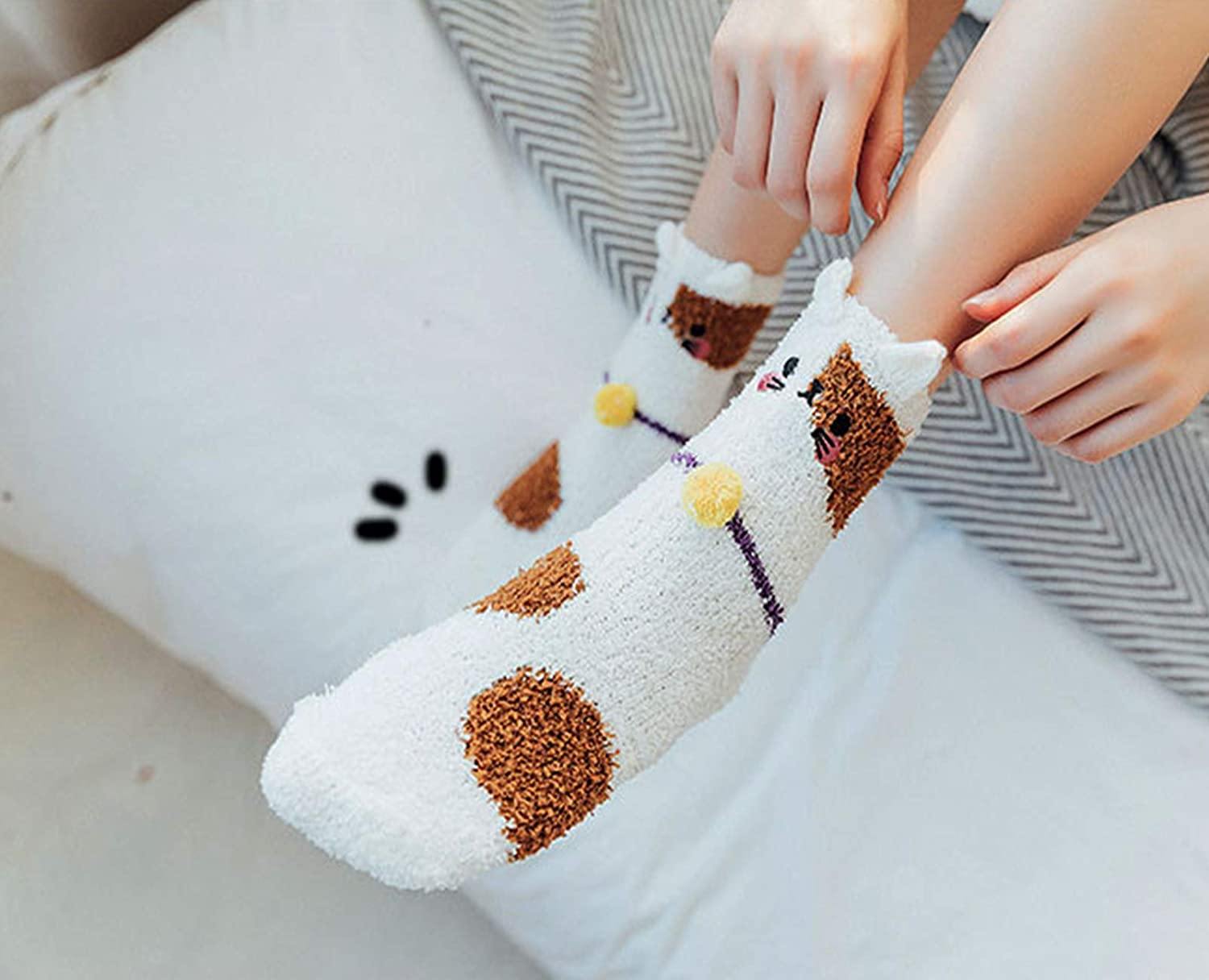 Womens Fuzzy Wool Socks Winter Warm Cute Animals Kitty Socks Set 3 Pairs - CHALIER