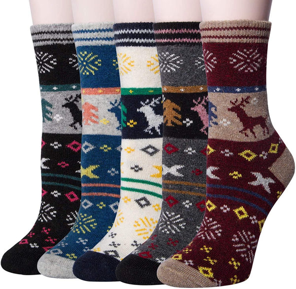 Womens Winter Wool Elk Socks Thick Knit Vintage Deep Color Socks Set 5 Pairs - CHALIER