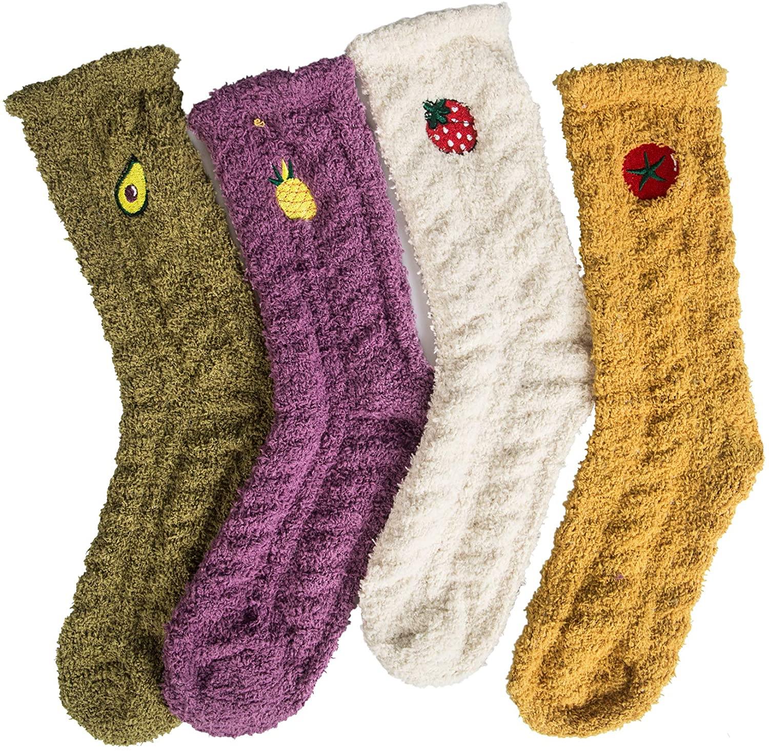 Womens Fuzzy Wool Socks Winter Warm Fruit Socks Set 4 Pairs - CHALIER