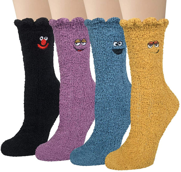 Womens Funny Fuzzy Wool Socks Winter Warm Cute Face Socks Set 4 Pairs - CHALIER