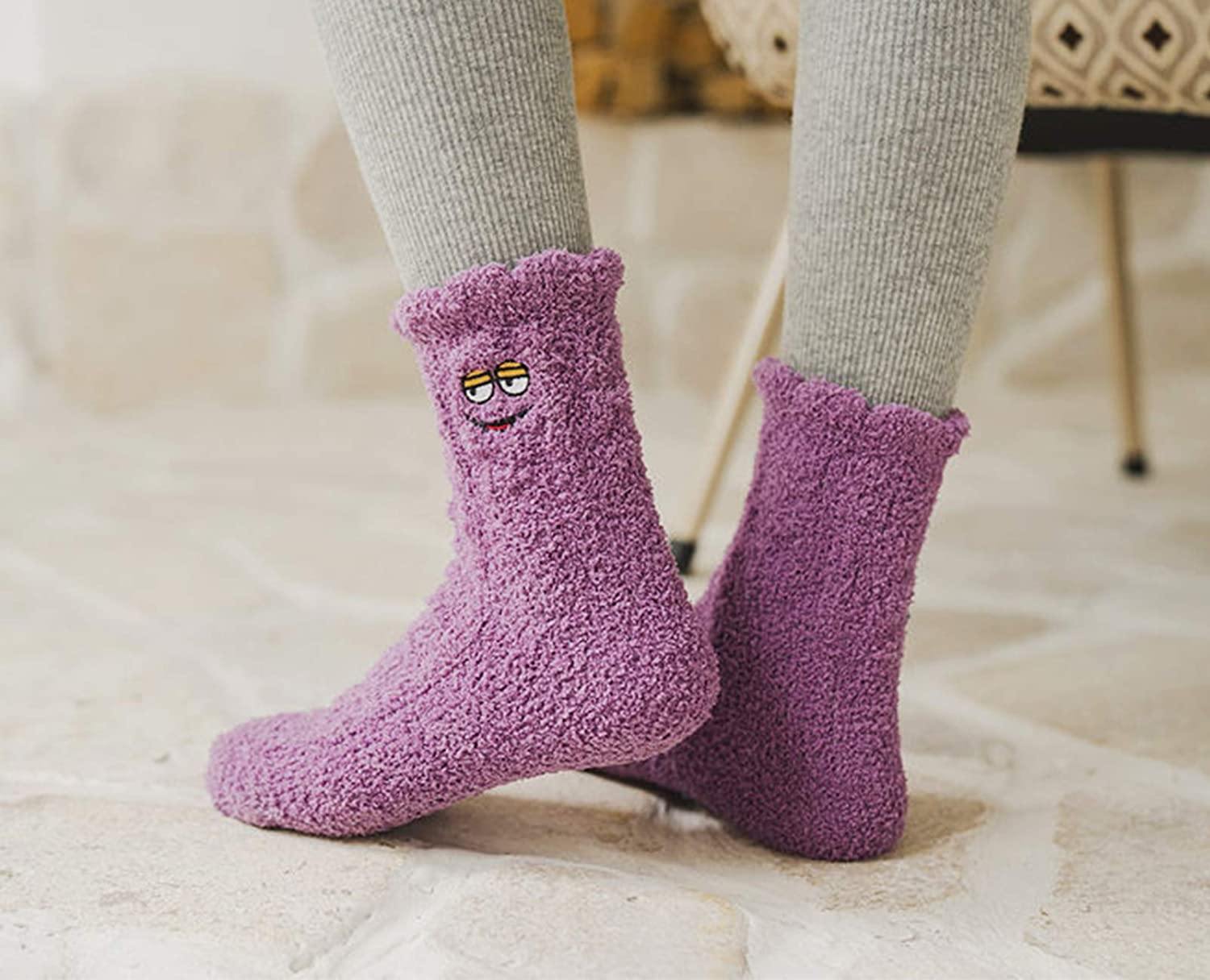 Womens Funny Fuzzy Wool Socks Winter Warm Cute Face Socks Set 4 Pairs - CHALIER