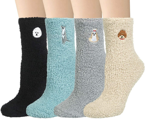 Womens Funny Fuzzy Wool Socks Winter Warm Cute Puppy Socks Set 4 Pairs - CHALIER