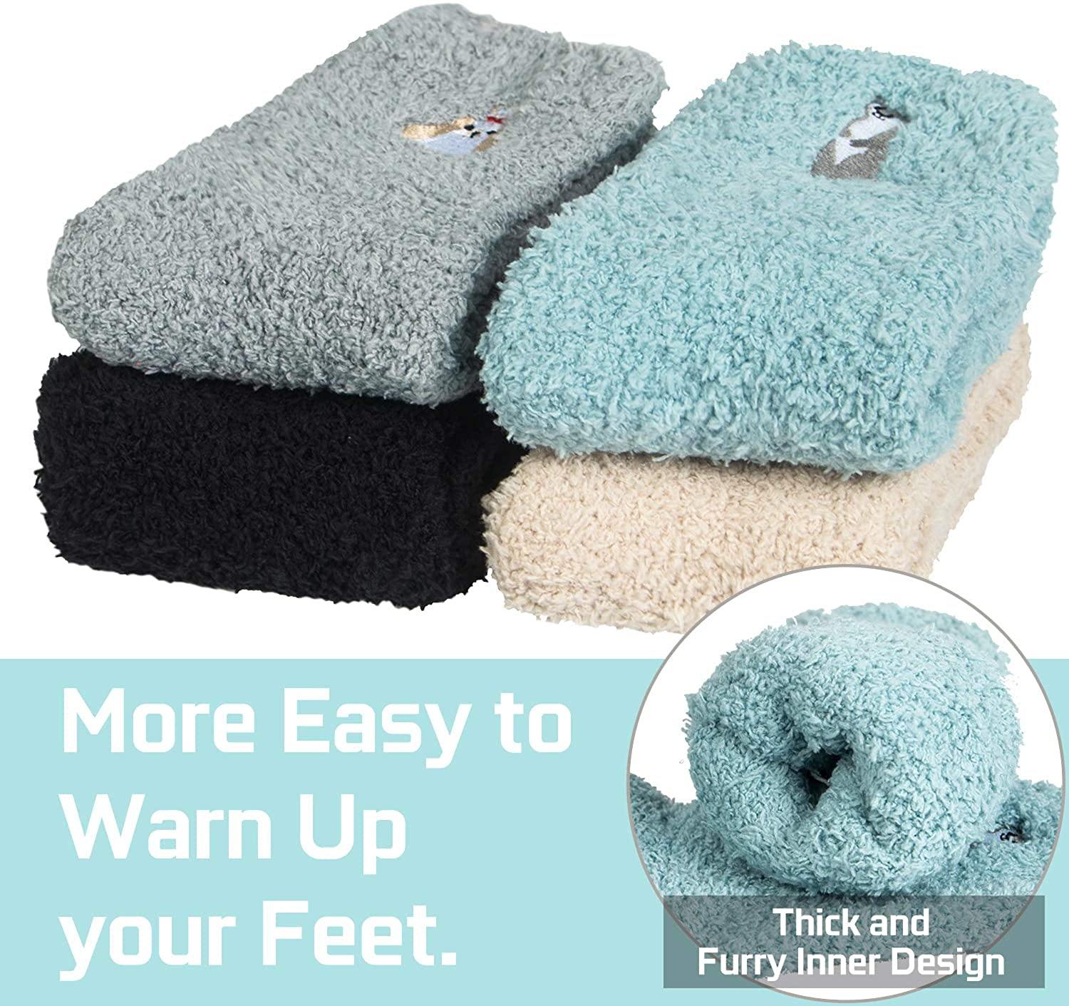 Womens Funny Fuzzy Wool Socks Winter Warm Cute Puppy Socks Set 4 Pairs - CHALIER