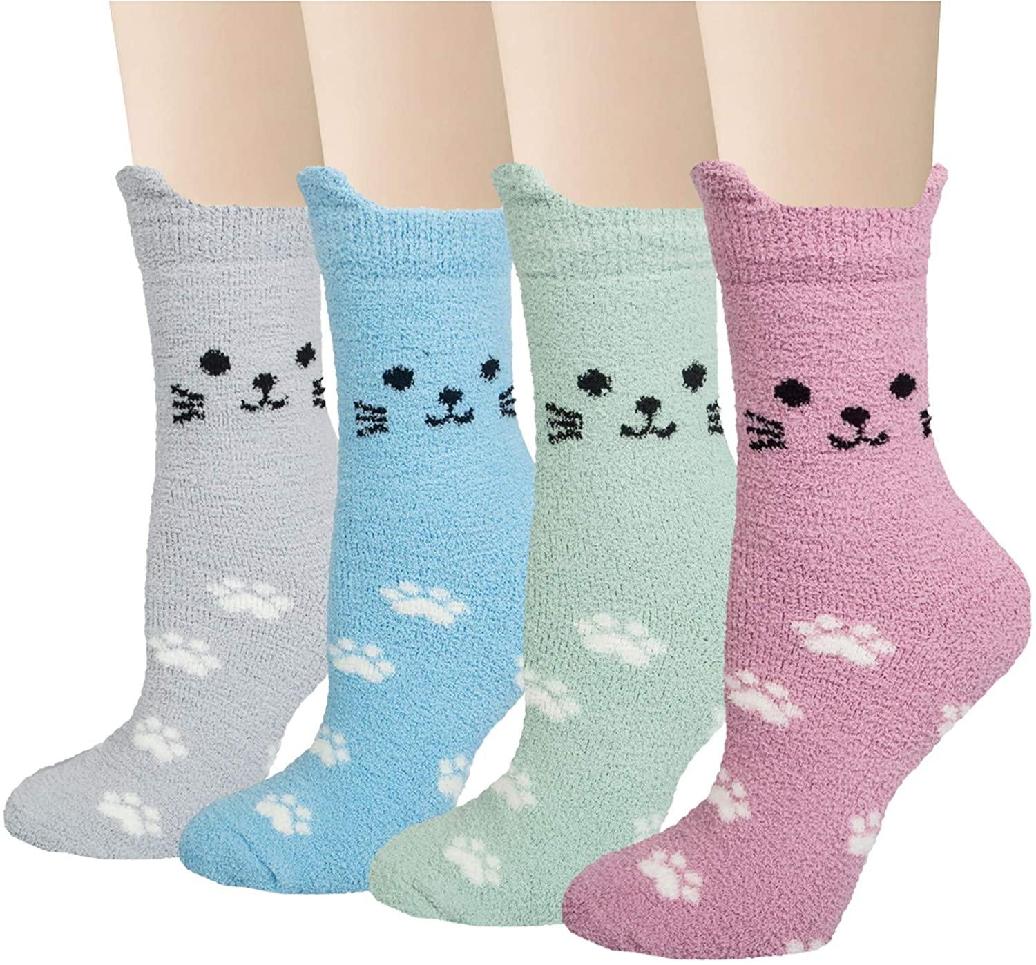 Womens Funny Fuzzy Wool Socks Winter Warm Cute Kitty Animals Socks Set 4 Pairs - CHALIER