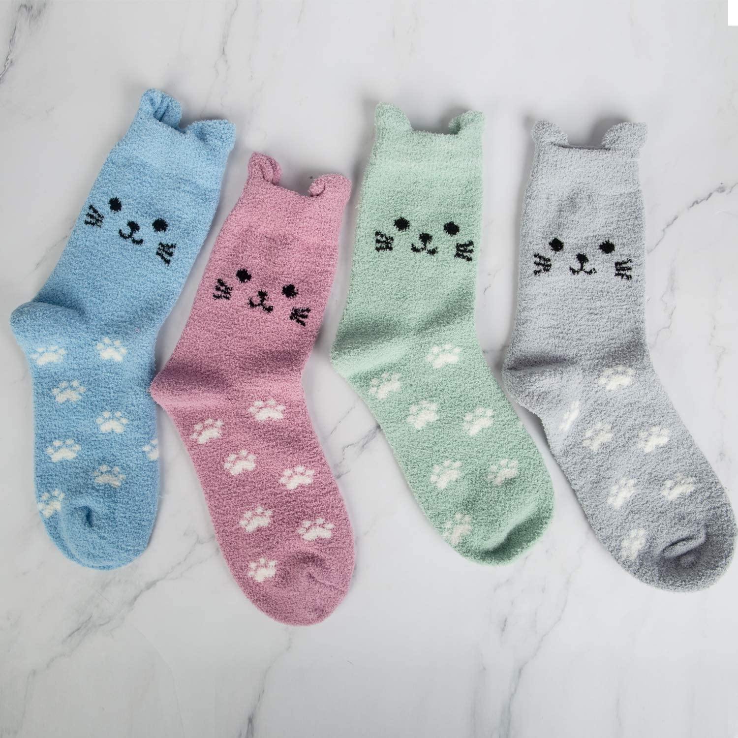 Womens Funny Fuzzy Wool Socks Winter Warm Cute Kitty Animals Socks Set 4 Pairs - CHALIER