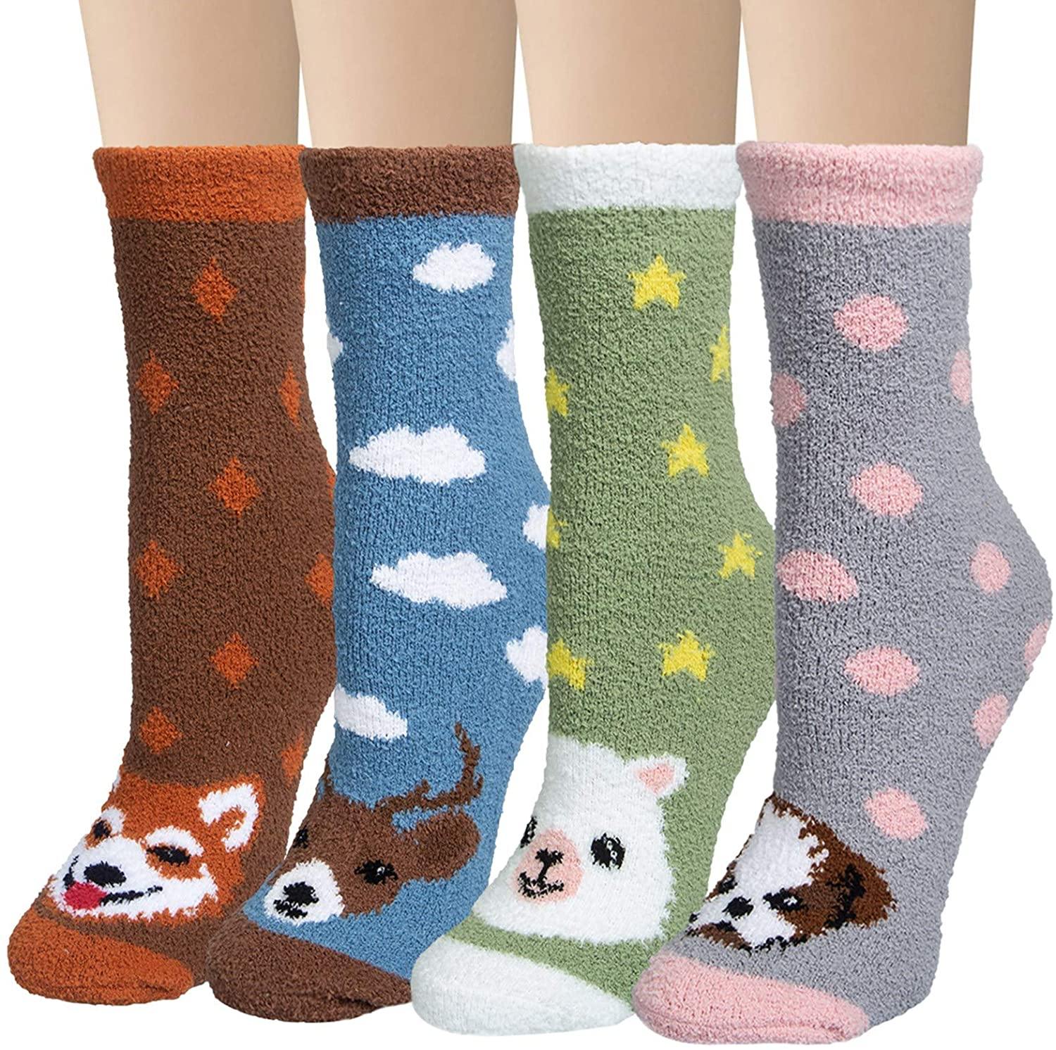 Womens Winter Warm Wool Socks Funny Fuzzy Cute Animals's Sky Socks Set 4 Pairs - CHALIER