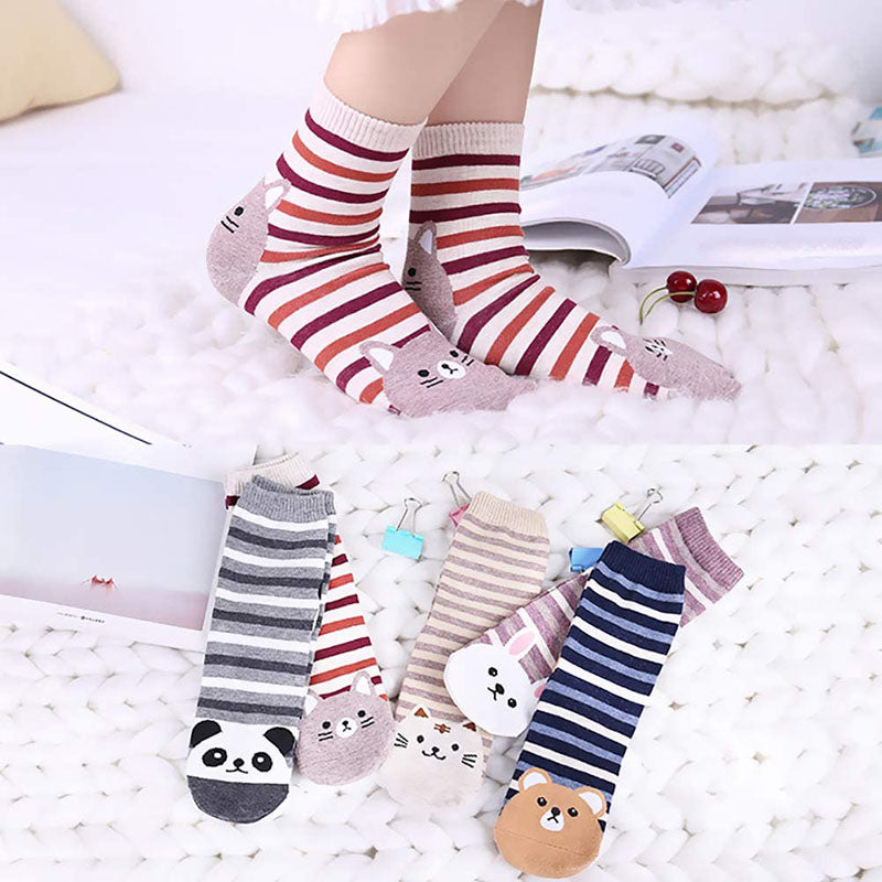 Women Cute Animal Socks Colorful Stripes Soft Cotton Socks Set