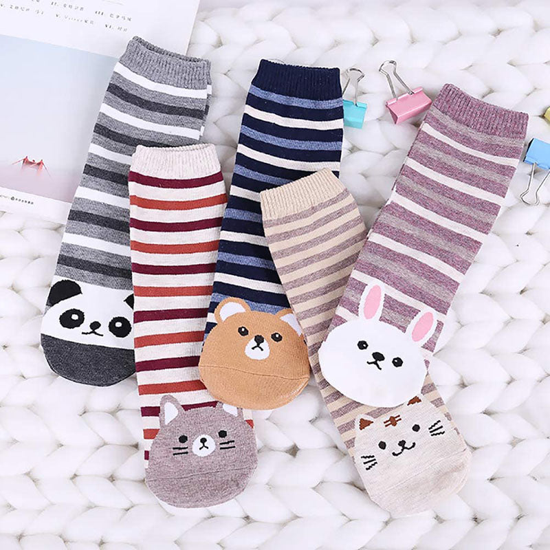 Women Cute Animal Socks Colorful Stripes Soft Cotton Socks Set