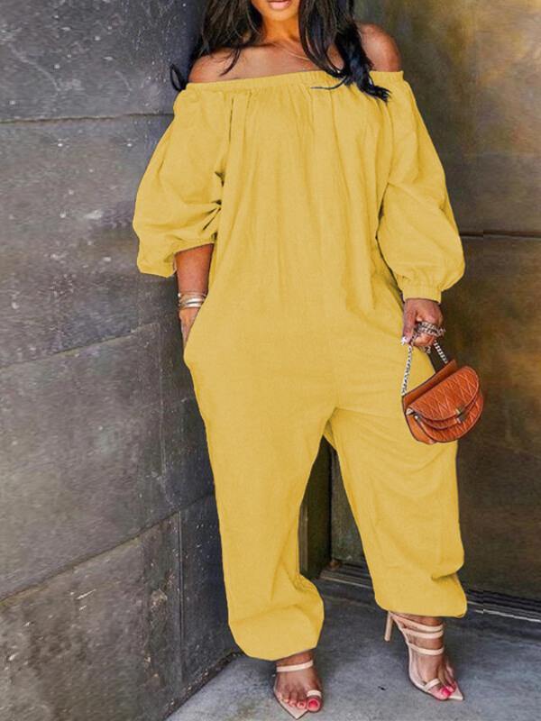 Chalier Off Shoulder Solid Lantern Sleeve Jumpsuit - CHALIER