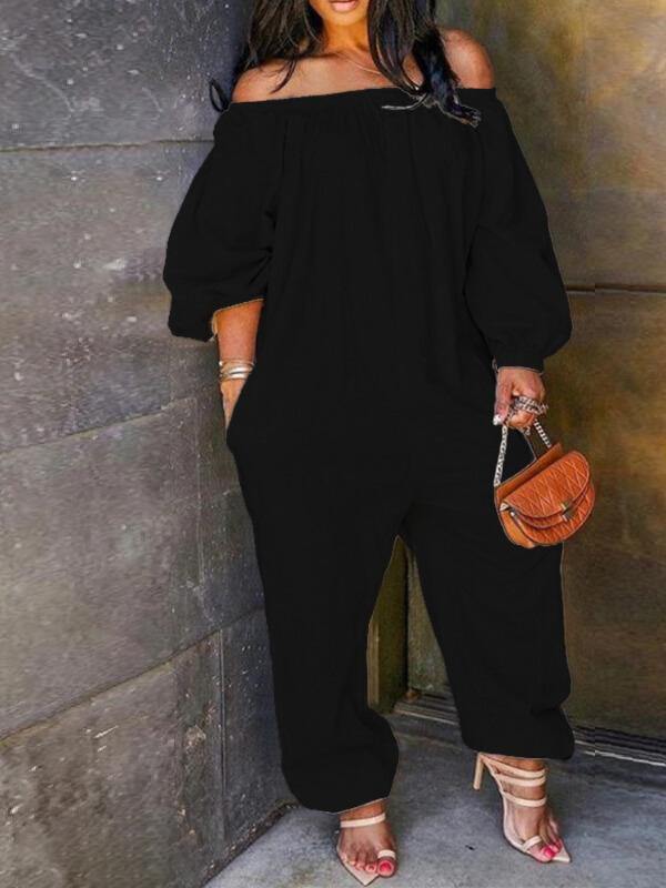 Chalier Off Shoulder Solid Lantern Sleeve Jumpsuit - CHALIER