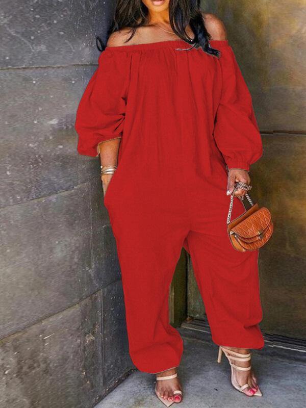 Chalier Off Shoulder Solid Lantern Sleeve Jumpsuit - CHALIER