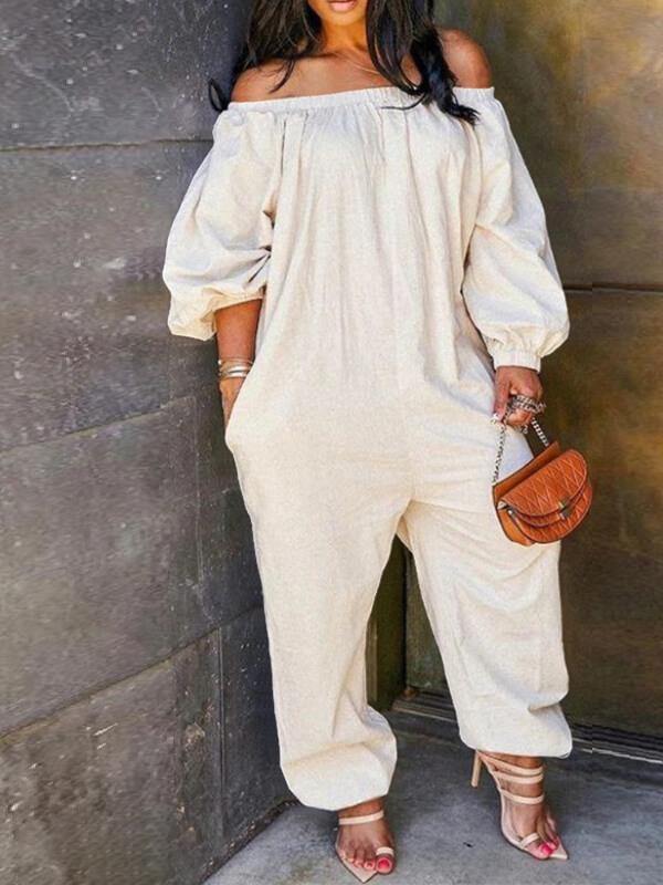 Chalier Off Shoulder Solid Lantern Sleeve Jumpsuit - CHALIER
