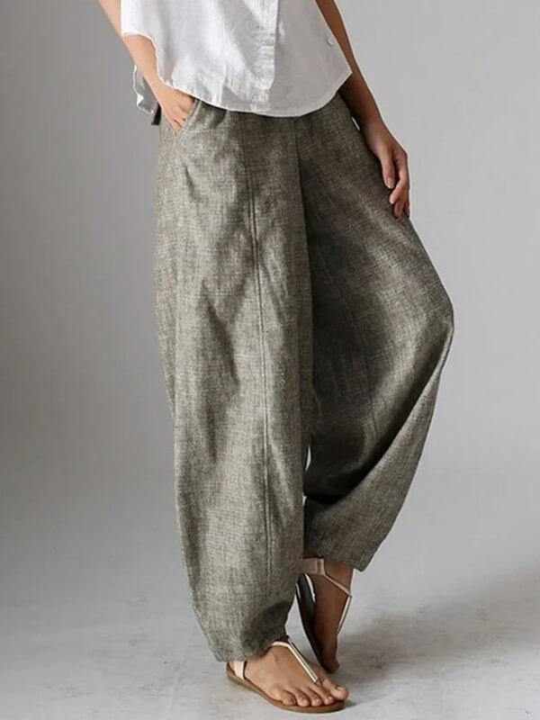Chalier Women Casual Loose Plain Cotton Linen Plus Size Pants - CHALIER