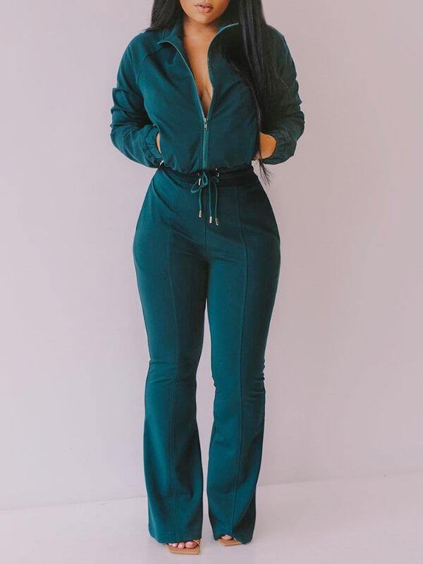 Chalier Plain Zipper Design Casual Solid Fashion Coat  Drawstring Pants Set - CHALIER