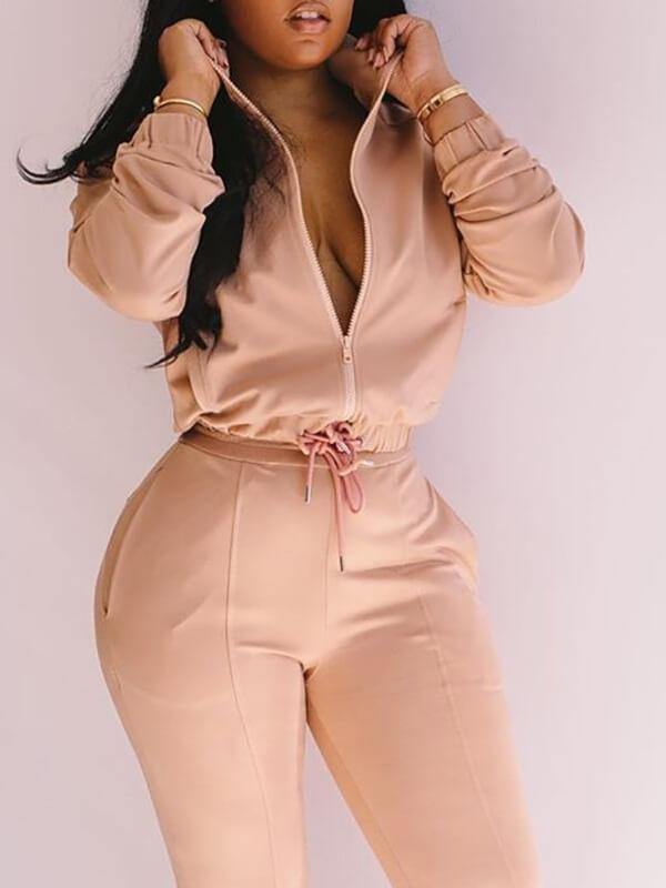 Chalier Plain Zipper Design Casual Solid Fashion Coat  Drawstring Pants Set - CHALIER