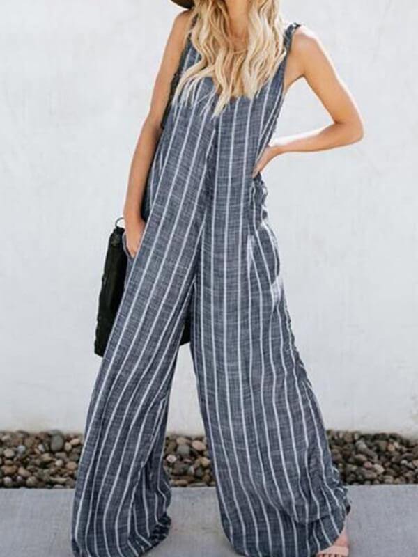 Chalier Pockets Loose Striped Sleeveless Jumpsuits - CHALIER