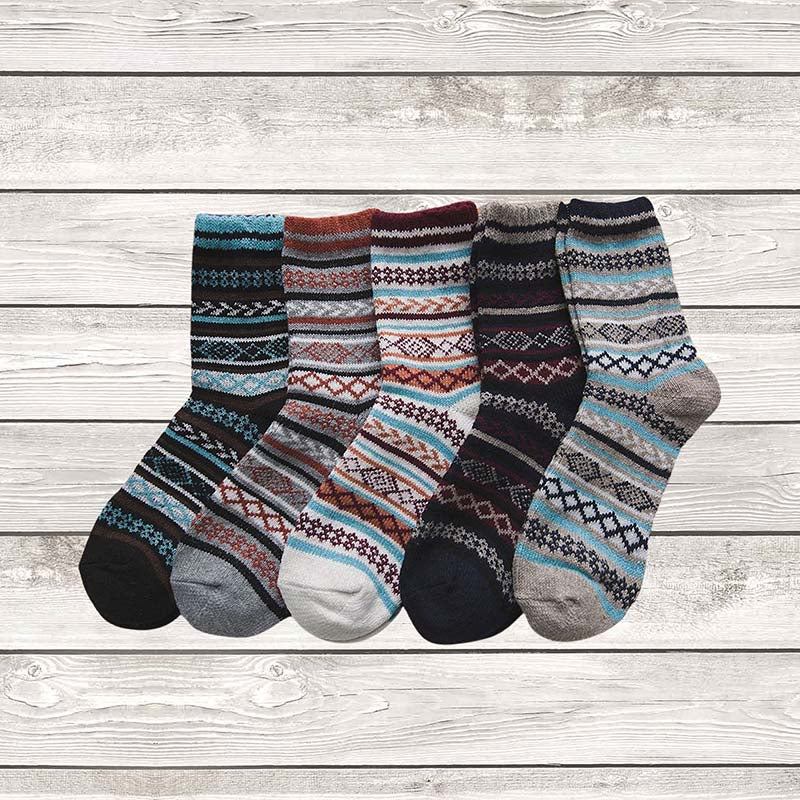 Mens Winter Socks Retro Exotic Knitted Warm Soft Wool Socks 5 Pairs Gift