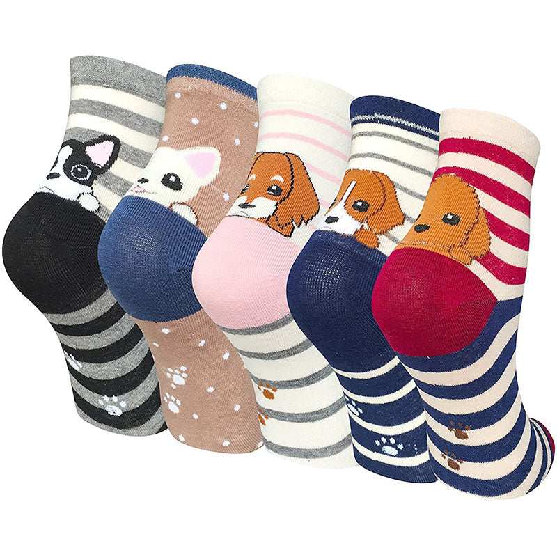 Women Cute Animal Socks Colorful Stripes Soft Cotton Socks Set