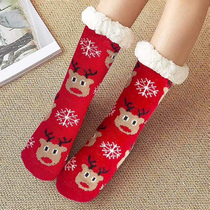 Womens Winter Slipper Socks 2 Pairs Fuzzy Cozy Socks Christmas Gift Red Elk