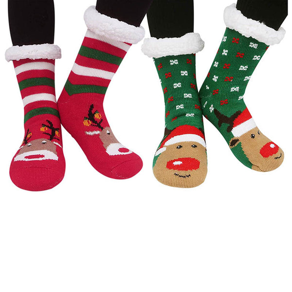 Womens Winter Slipper Socks 2 Pairs Fuzzy Cozy Socks Green/RedElk