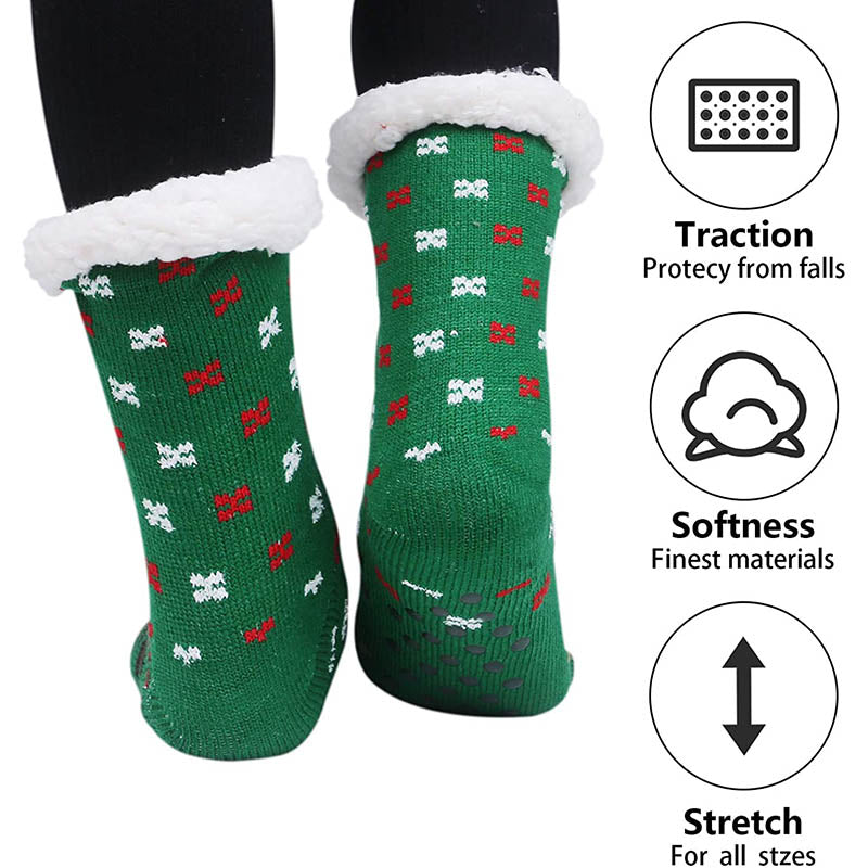 Womens Winter Slipper Socks 2 Pairs Fuzzy Cozy Socks Green/RedElk