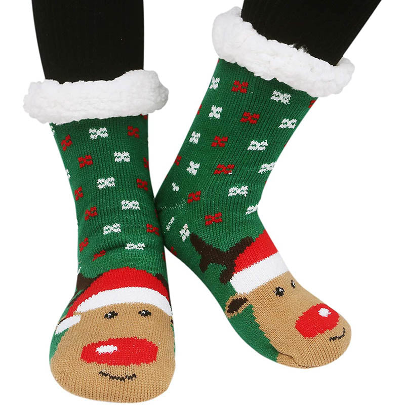 Womens Winter Slipper Socks 2 Pairs Fuzzy Cozy Socks Green/RedElk