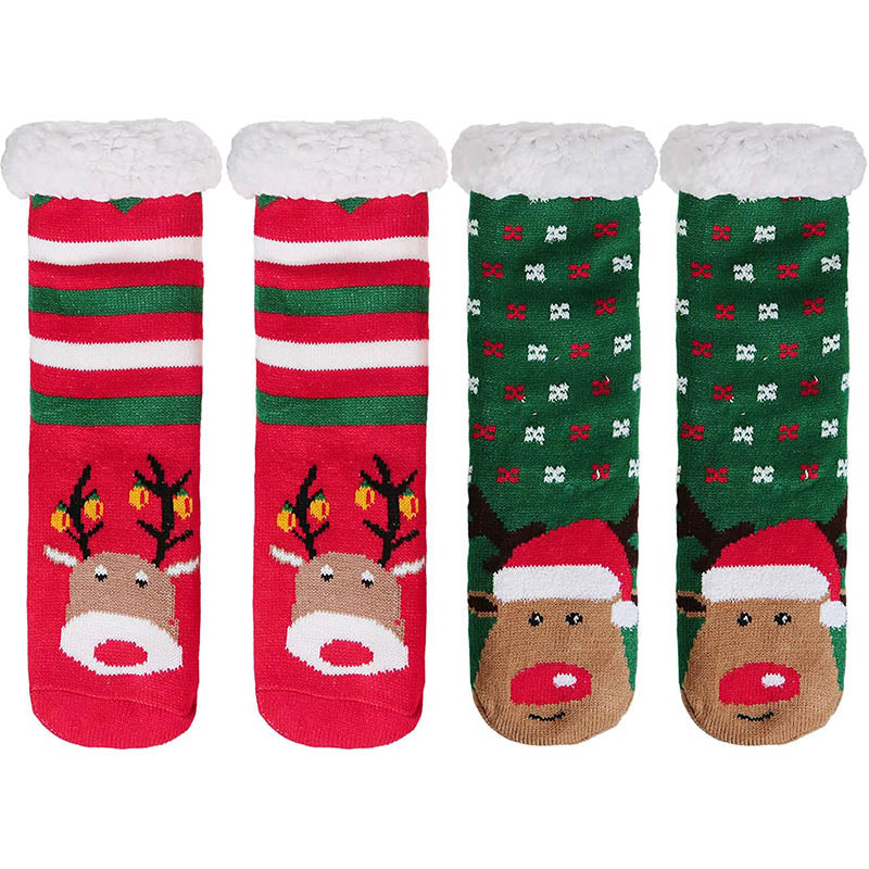 Womens Winter Slipper Socks 2 Pairs Fuzzy Cozy Socks Green/RedElk