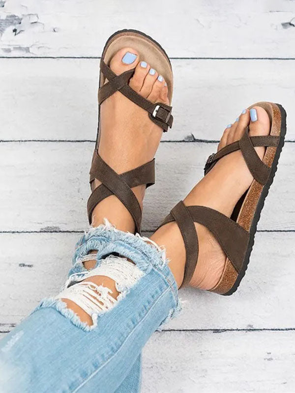 Women's Falt Heel Sandals Summer Beach Peep Toe Strappy Walking Sandals