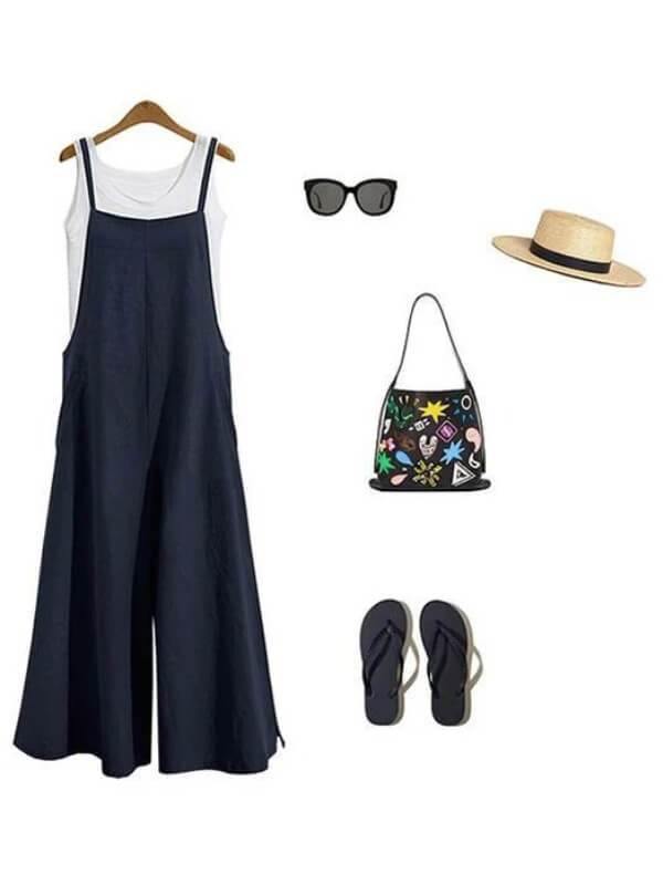 Chalier Sleeveless Cotton Casual Pants Pockets Tank Jumpsuit - CHALIER