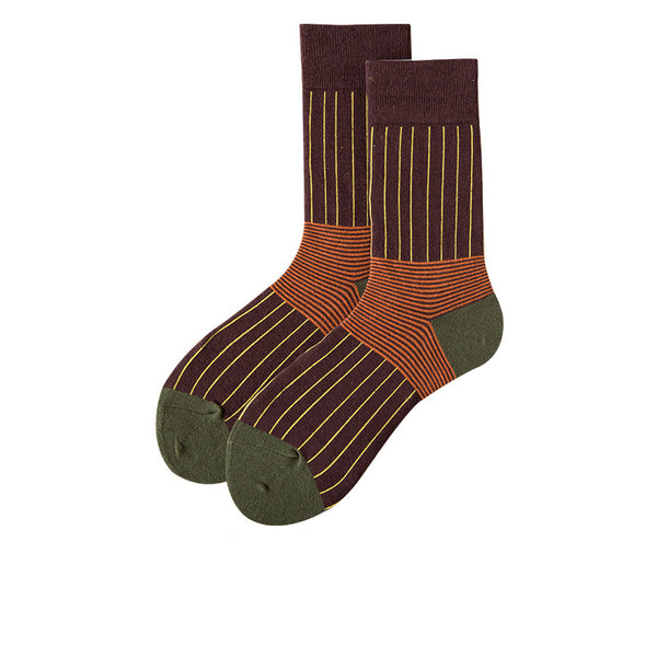 Chalier Mens Casual Crew Street Hip-hop Couple Brown Stripe Socks