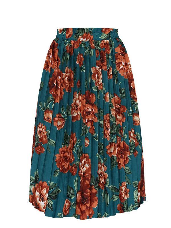 Women's Printed Chiffon Pleated Skirt Plus Size Midi Skirts - CHALIER