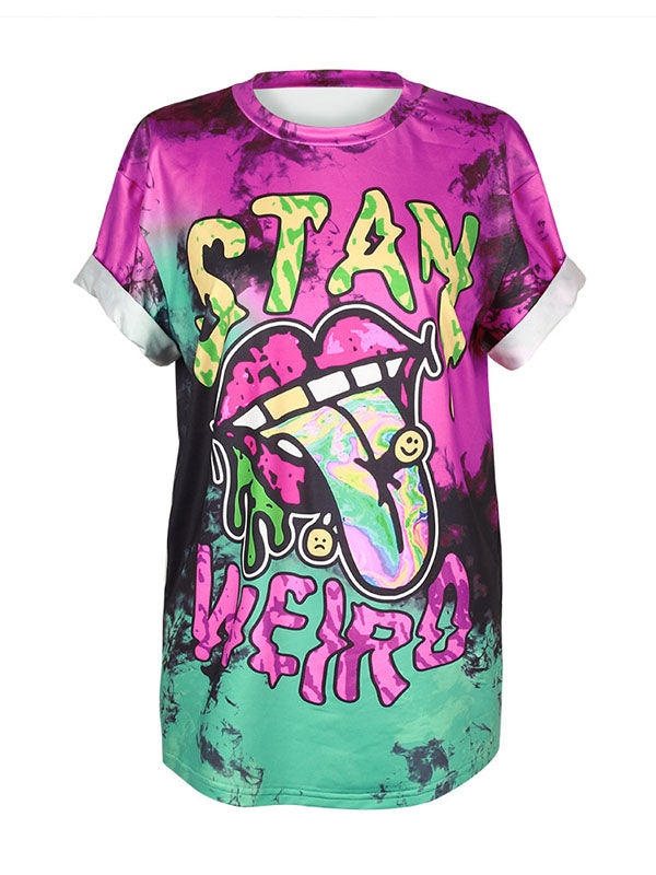Women's Funny Cartoon Alien Prints Plus Size Tie-dye T-Shirt